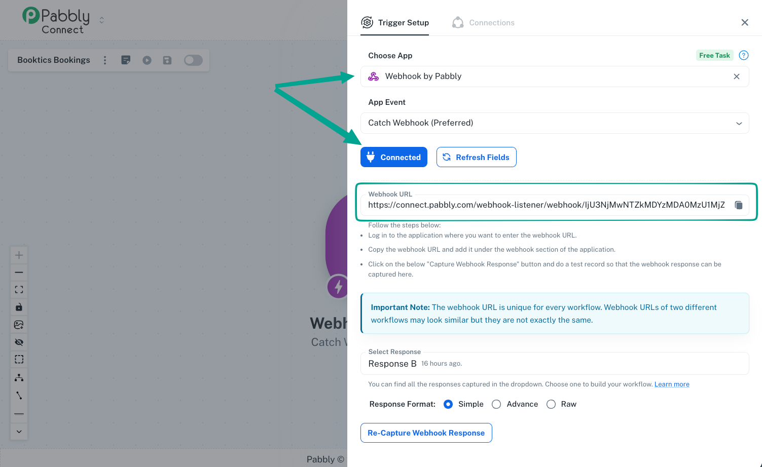 pabbly with booktics integration webhook setup complete