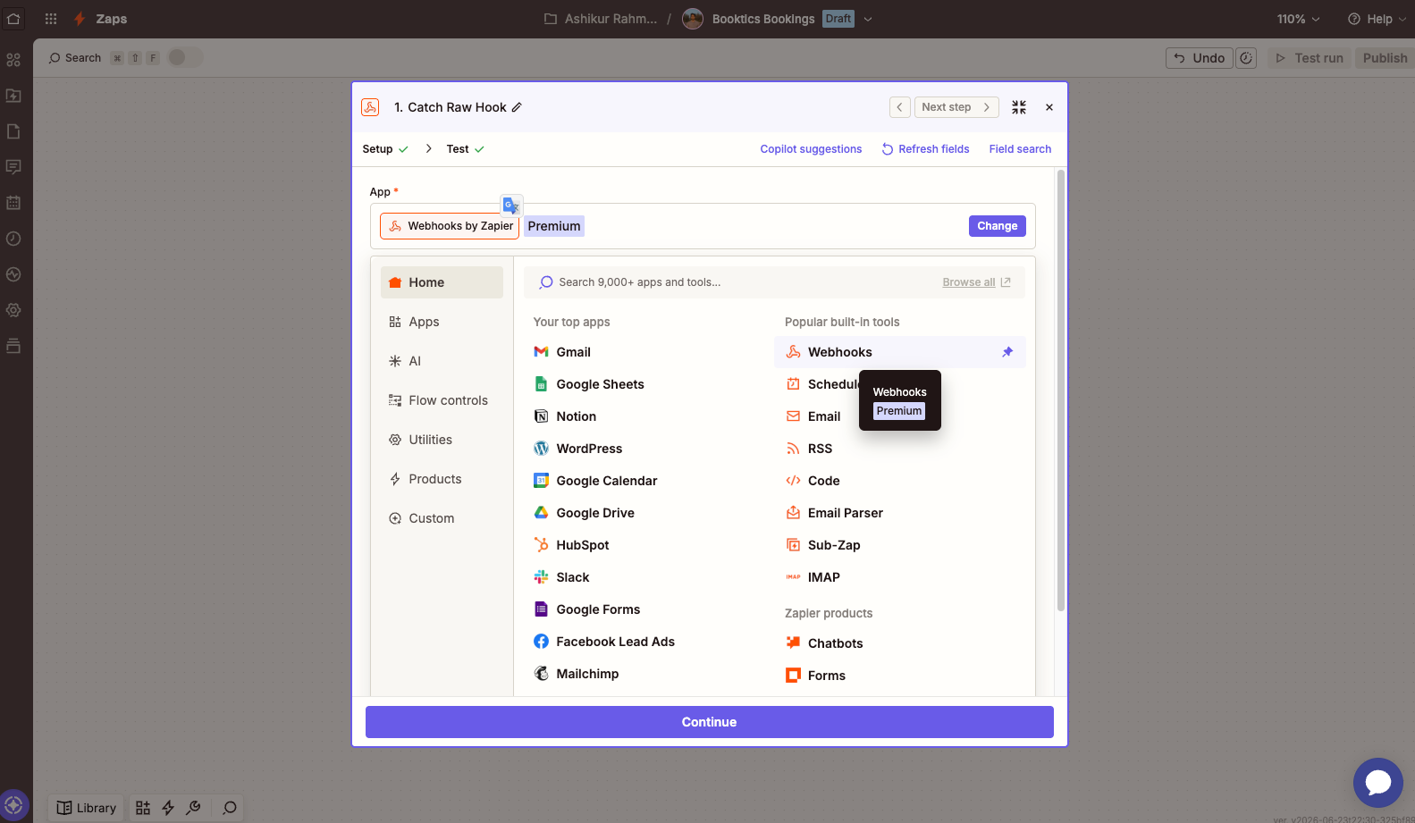Zapier Catch Hook trigger Test tab showing the generated Webhook URL and Copy button
