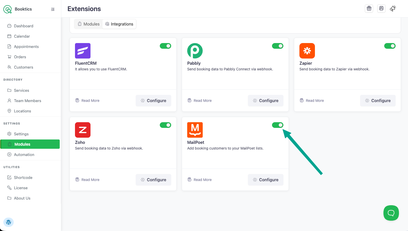 MailPoet card in the Integrations tab toggled On with the Configure button